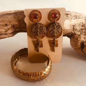 Brass Cuff Bracelet & Red Garnet Boho Earrings